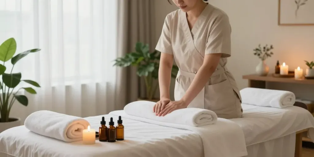 양천구출장안마 therapy setup with calming ambiance and professional therapist ready