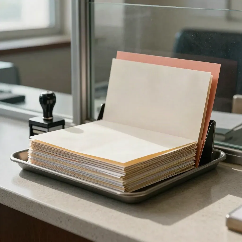Work-permit tray with stamp, clips and envelope sleeves behind frosted glass