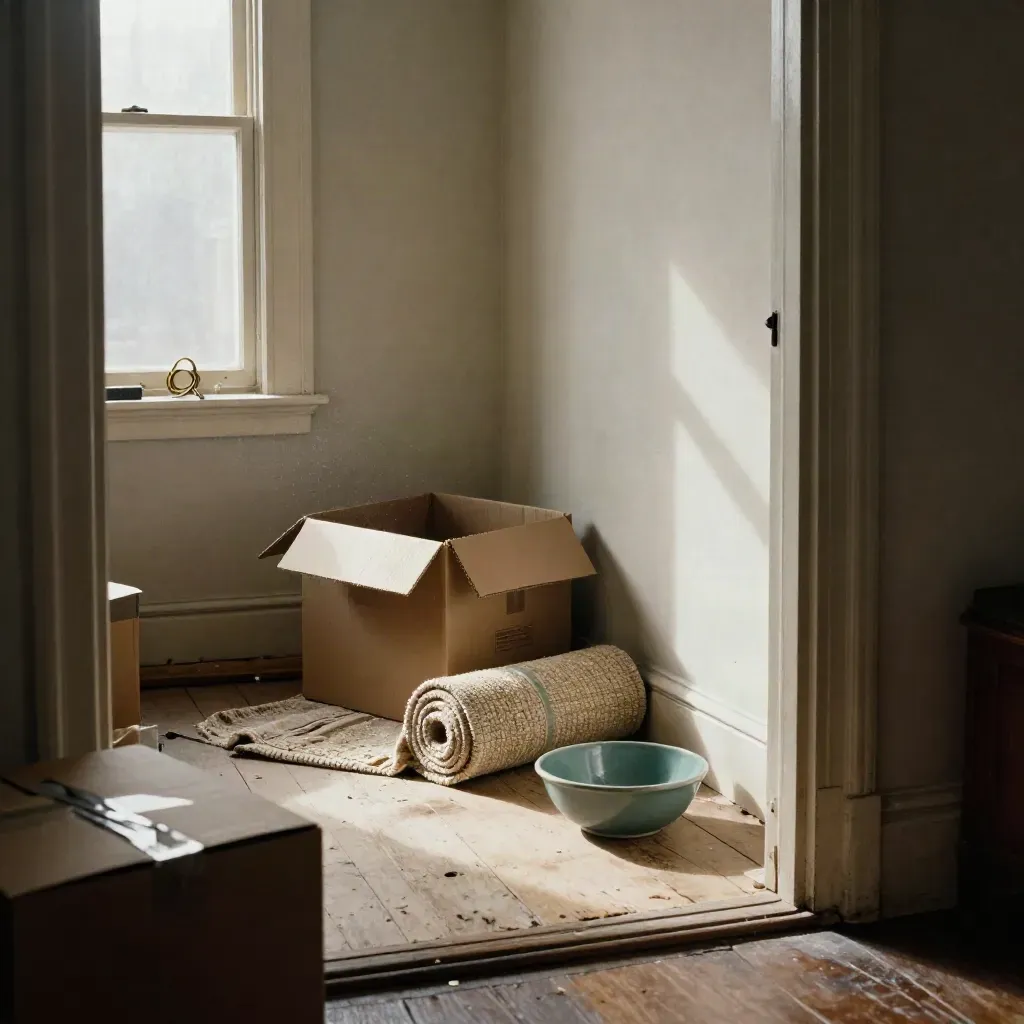 Morning light in a bare first flat with moving boxes, rolled rug and keys on a windowsill.
