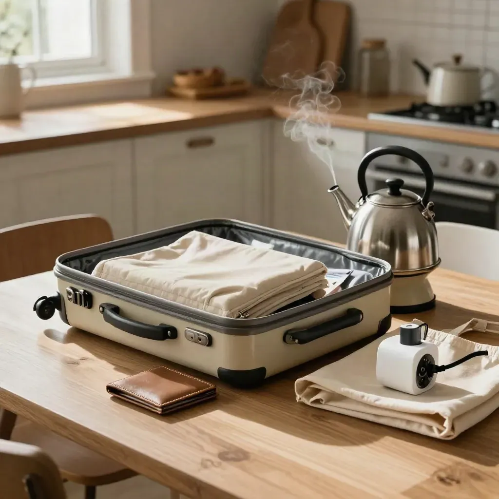 Open suitcase with kettle, transit wallet, tote and adapter on a new kitchen table in soft morning light.