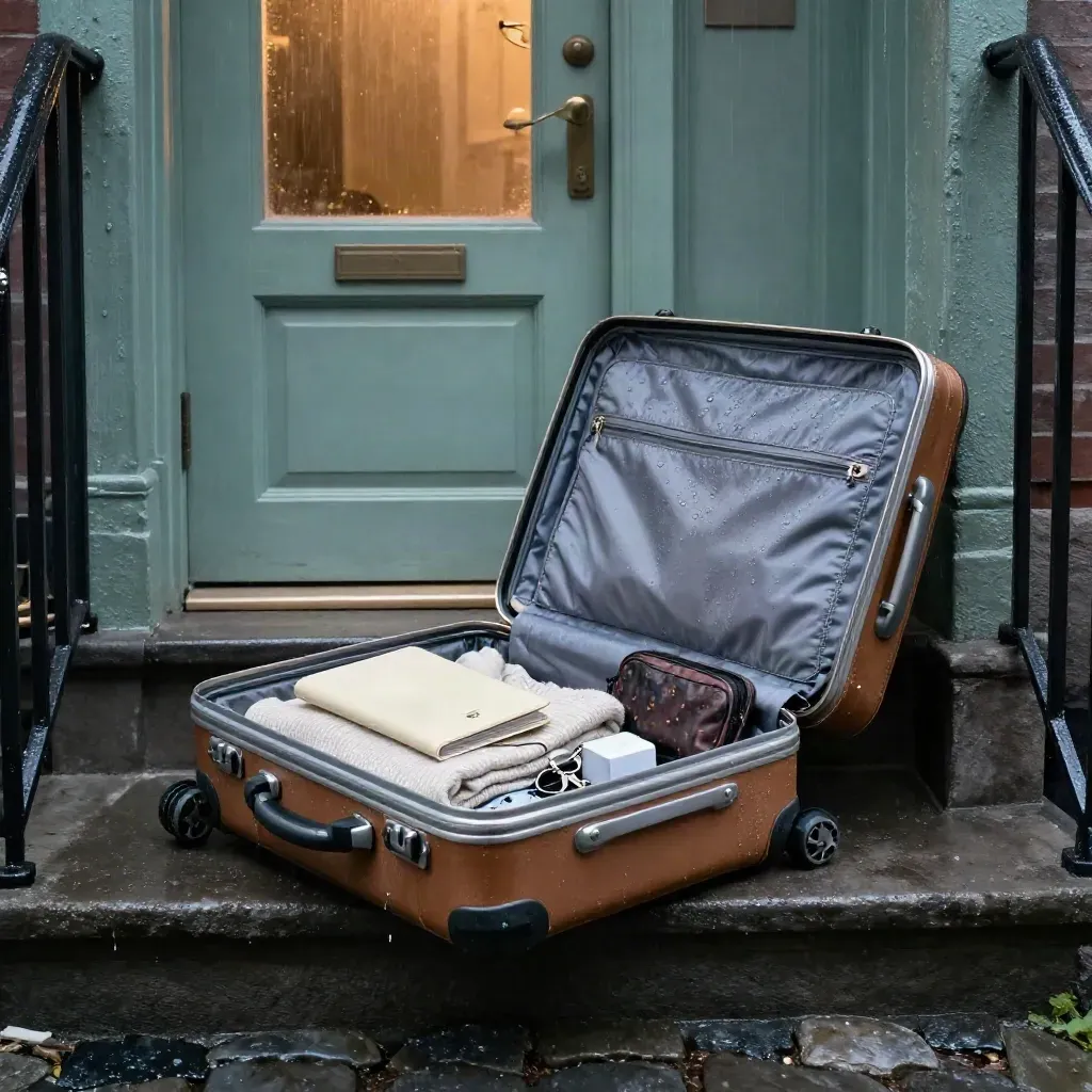 Rain-wet suitcase packed for arrival on a glowing apartment stoop at blue hour.