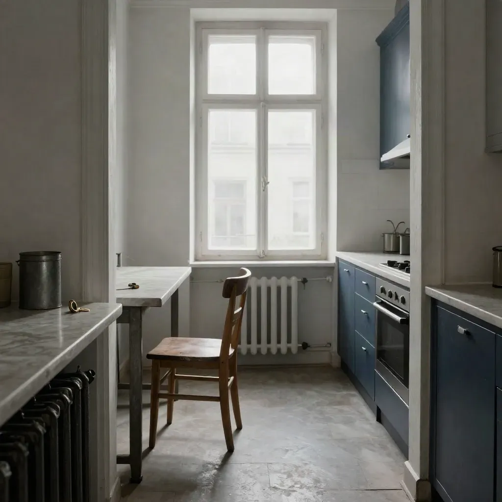 Berlin kitchen with chair, radiator, paint tin and keys in cold winter light.