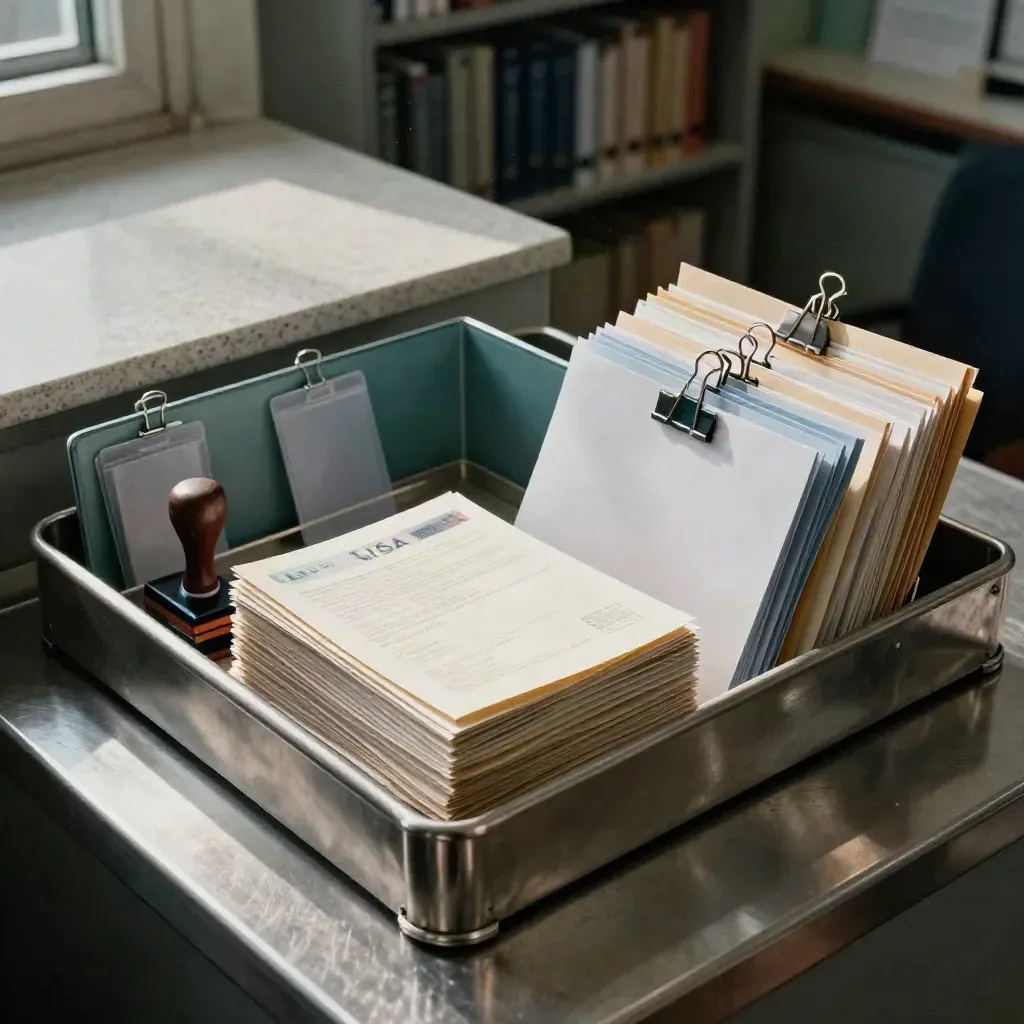 Stainless-steel filing tray with permit stacks, stamp, clips, sleeves and envelopes under moody light