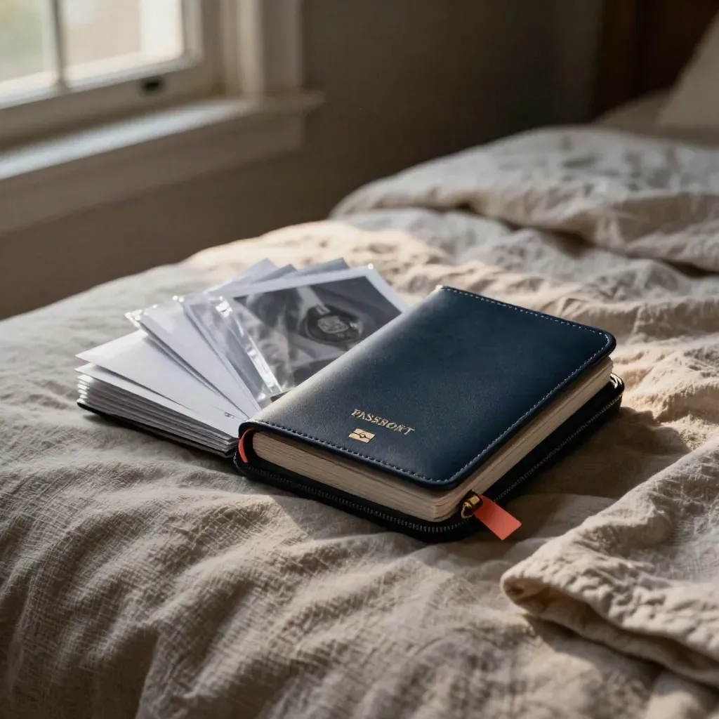 Packed visa items on a bedspread: passport cover, photo envelopes, sleeves, and half-zipped pouch