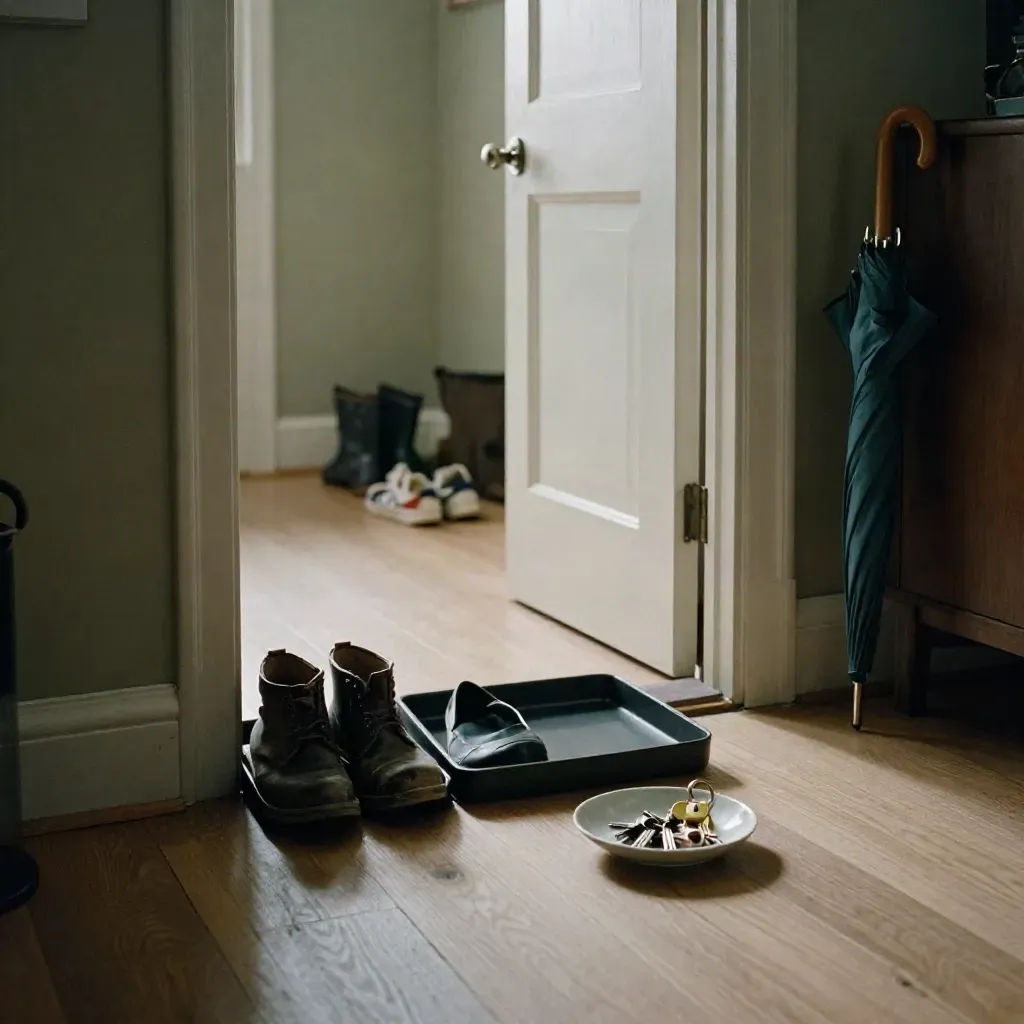 Low hallway view of an ajar shared-flat door, shoe trays and keys in a quiet entry hall.