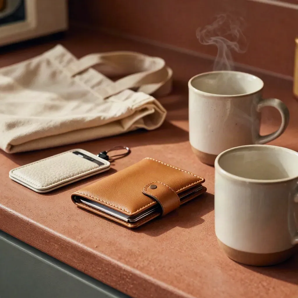 Transit card holder, bank wallet, tote and mugs on a warm kitchen counter.