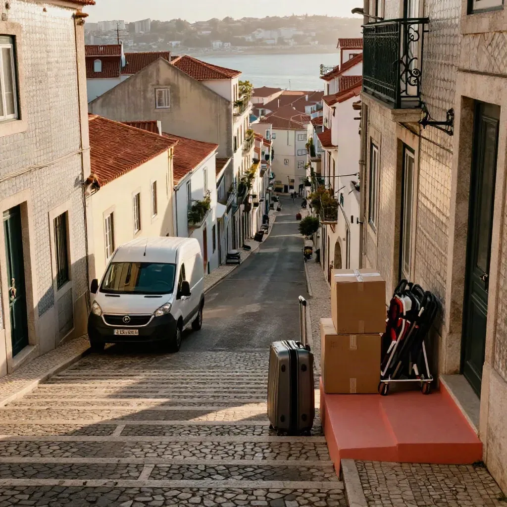 Lisbon hillside move scene with van, suitcase, and sunlit stoop on steep stairs.