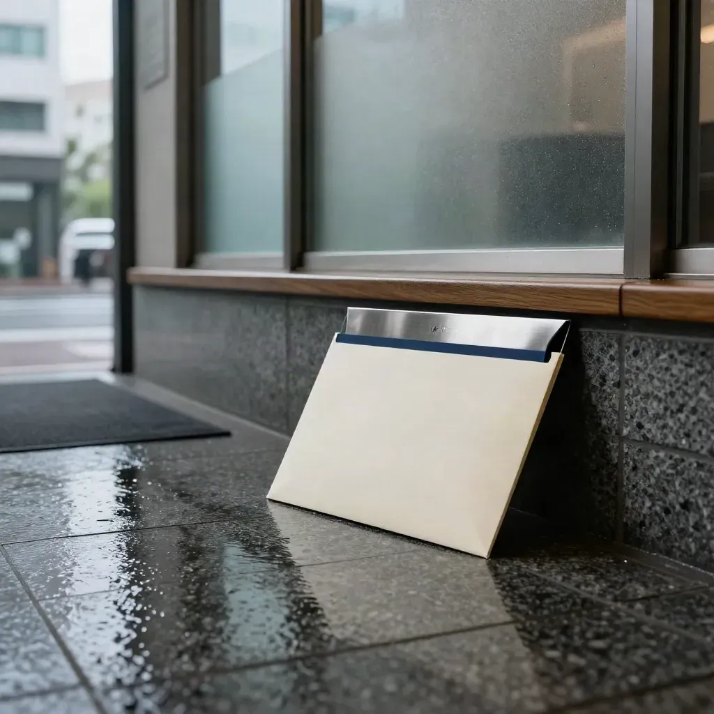 Low-angle Tokyo visa lobby with a sealed file envelope, stone reflections, and frosted service windows.