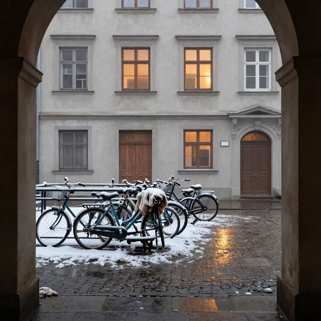 Snowy Munich courtyard with bikes, cellar doors, and a handcart under amber light