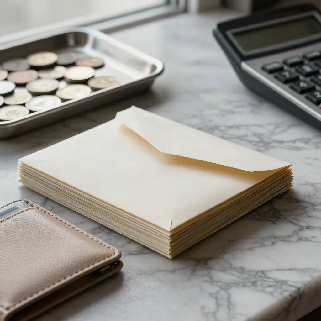 Ivory bank envelopes, wallet, coin tray and calculator on marble, with bills being sorted