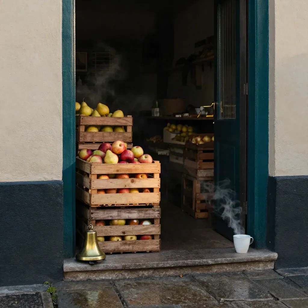 Low-angle shop threshold with produce crates, brass doorbell and steaming cup in dawn haze.