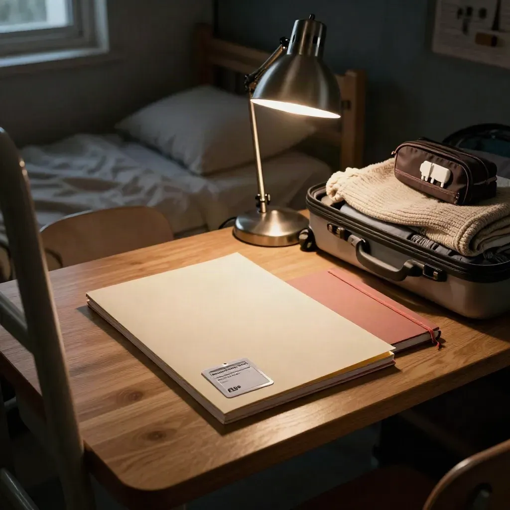 Dorm desk with admission folder, keycard sleeve, notebook, lamp glow, and half-open suitcase.