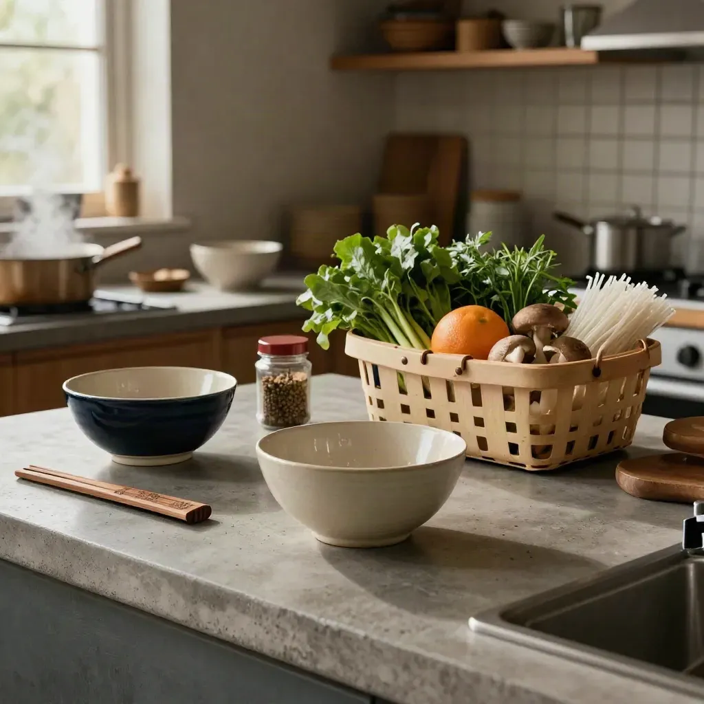 Shared kitchen counter with bowls, chopsticks case, spice jar and market basket of local ingredients.