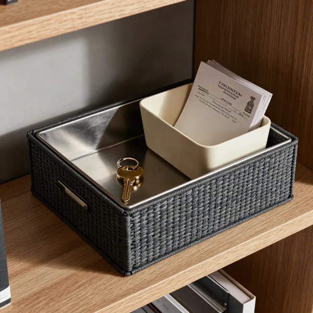 Rainy weekend admin still life with file box, key ring, mail tray and receipts on a pale oak shelf.