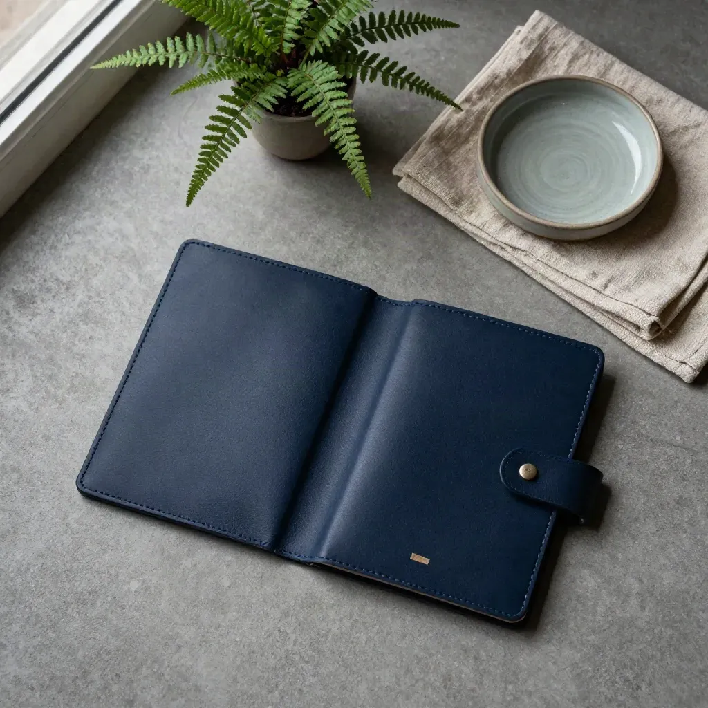 Overhead flatlay of passport cover, travel sleeve, fern, linen cloth and ceramic dish on concrete.