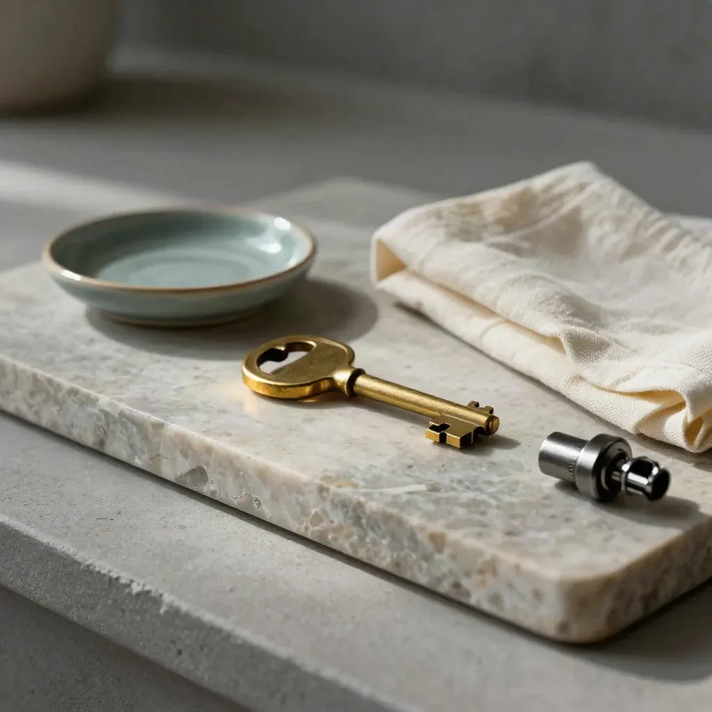Brass apartment key, lock cylinder, ceramic dish and cream cloth on a stone tray.