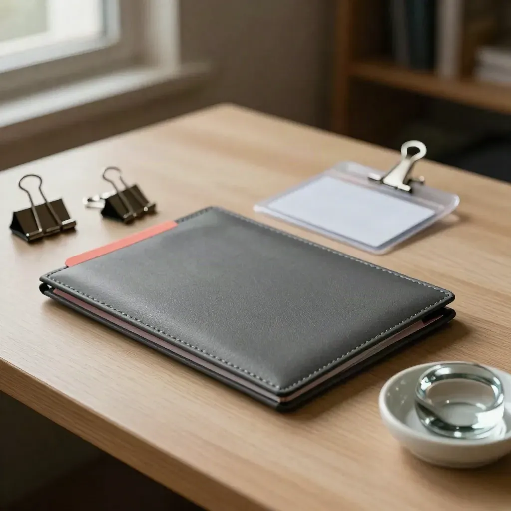 Permit pouch, binder clips, ID sleeve, and paperweight on a pale wood counter.
