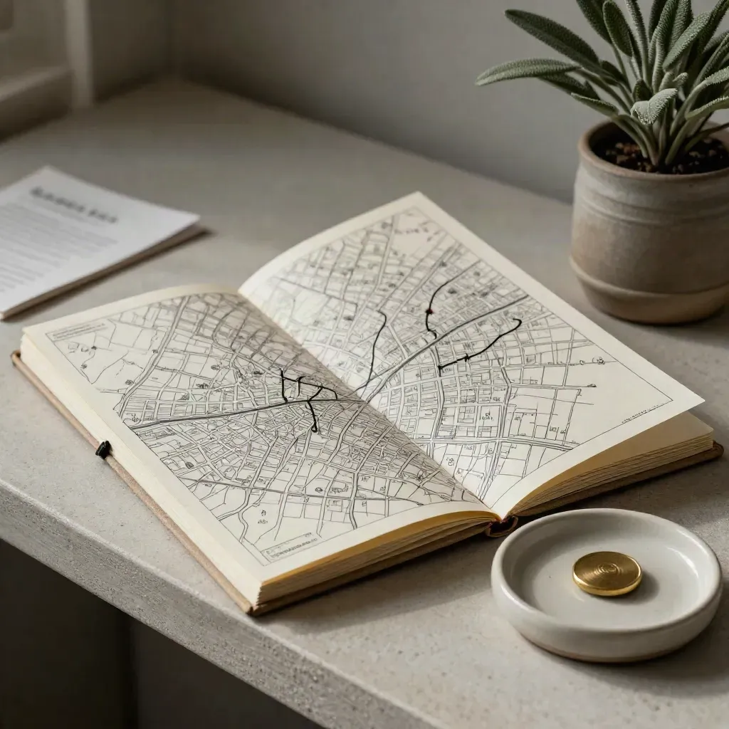 City map, notebook, transit token dish and plant on a pale shelf